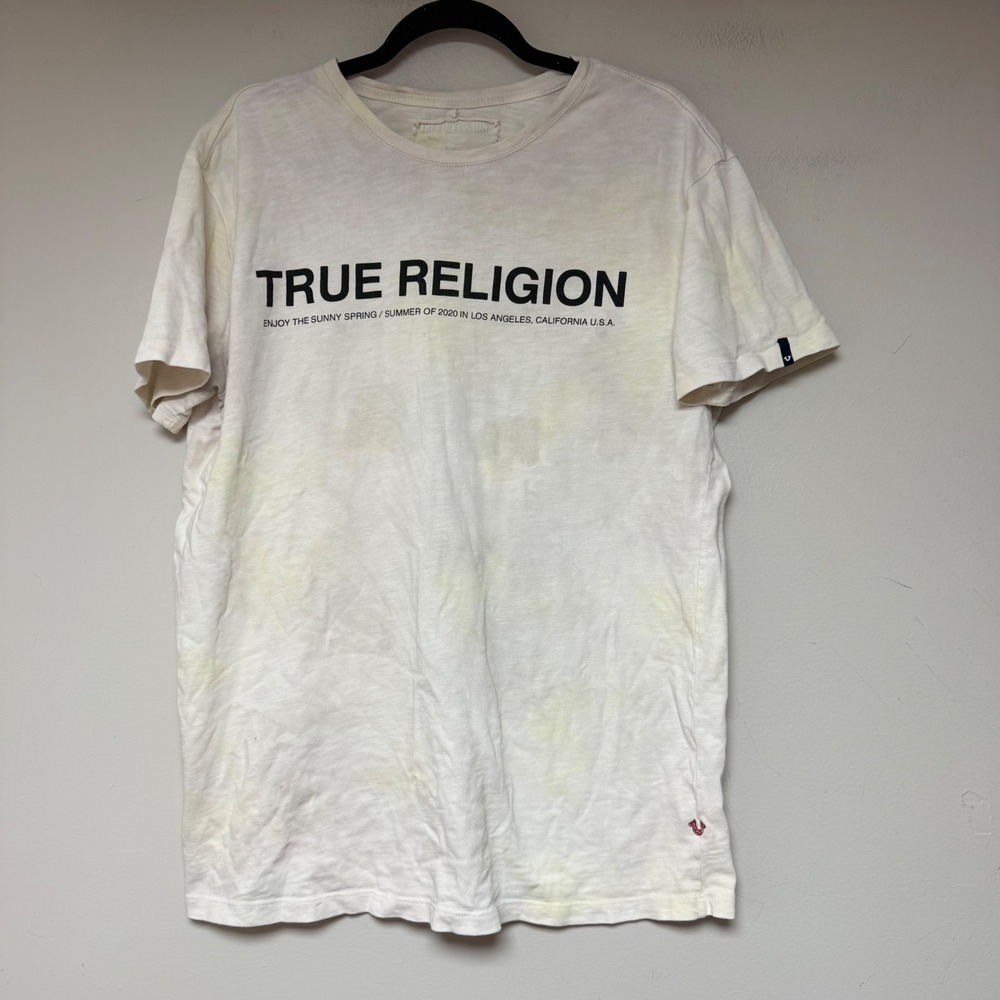 True Religion Graphic T-Shirt‎ Women XS White Yellow Good Los Angeles 2020 Logo